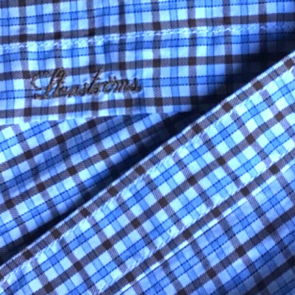 Stenstroms fitted body blue &. Brown checkered cotton dress shirt Sz M - Picture 3 of 11